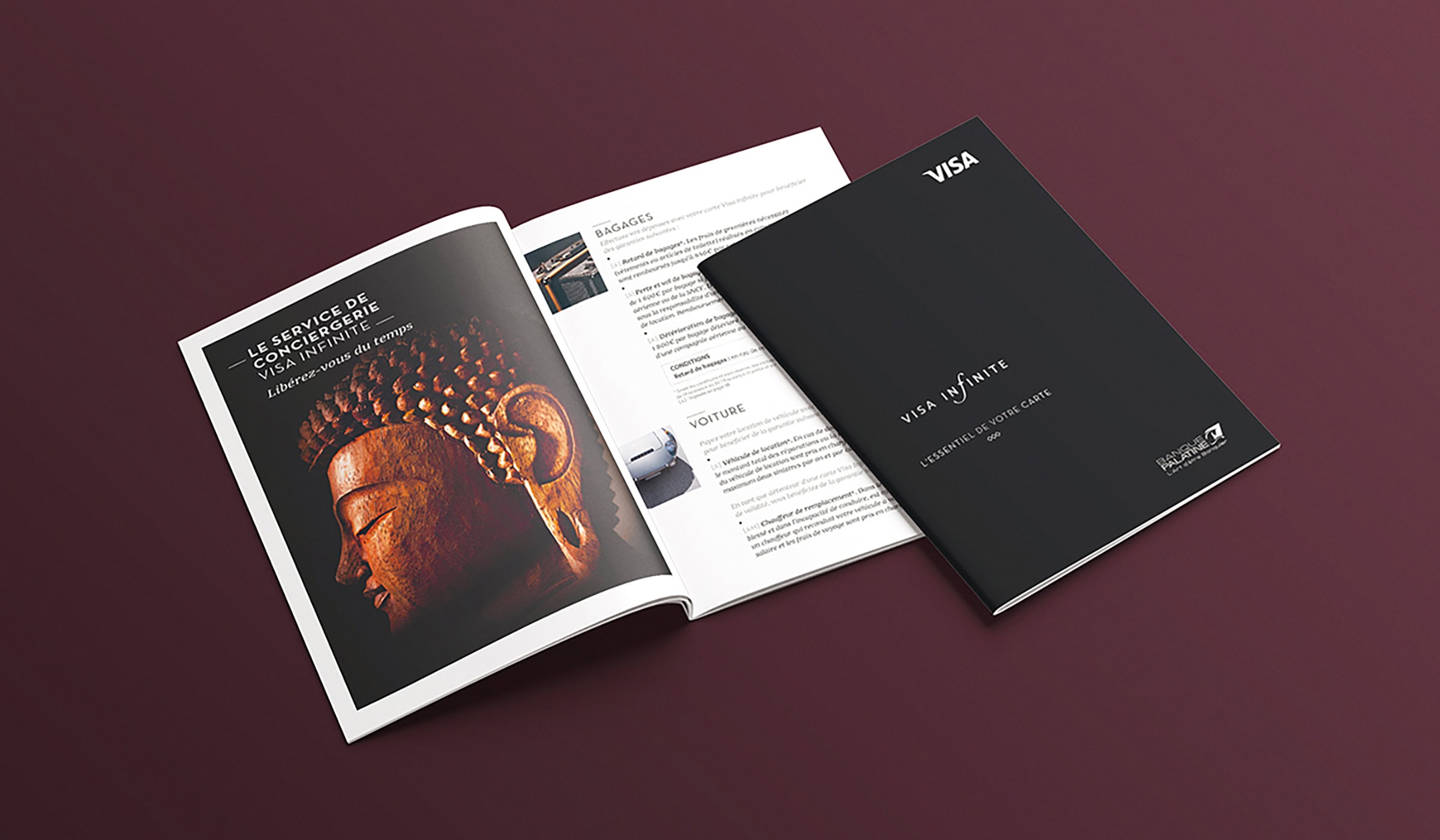 Brochure Visa Infinite ouverte montrant des pages avec images et texte.