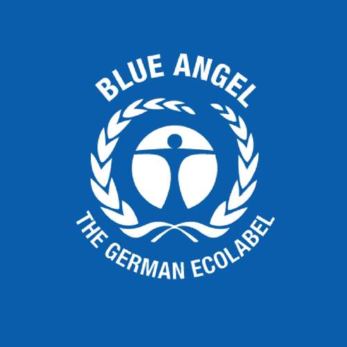 Écolabel allemand Blue Angel sur fond bleu.